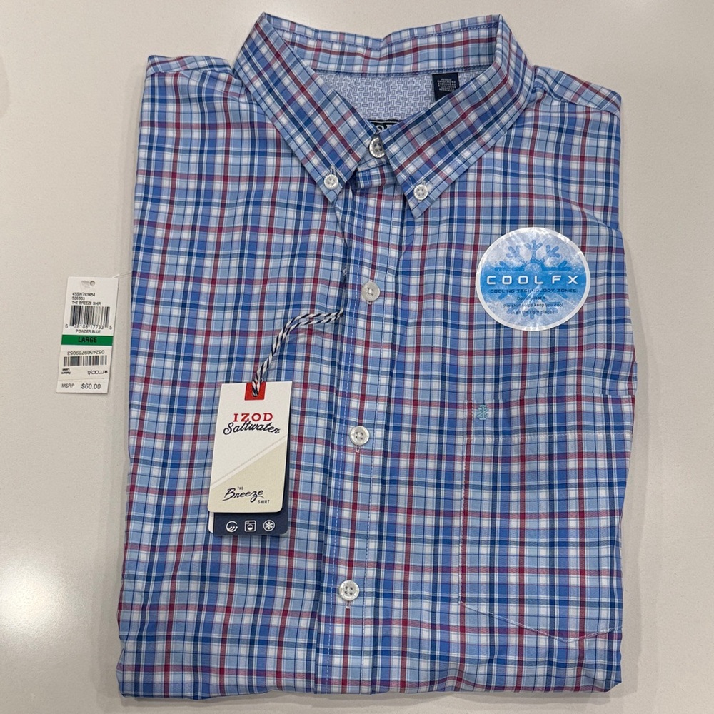 Izod Men's Blue and Red Plaid Button-Down Shirt